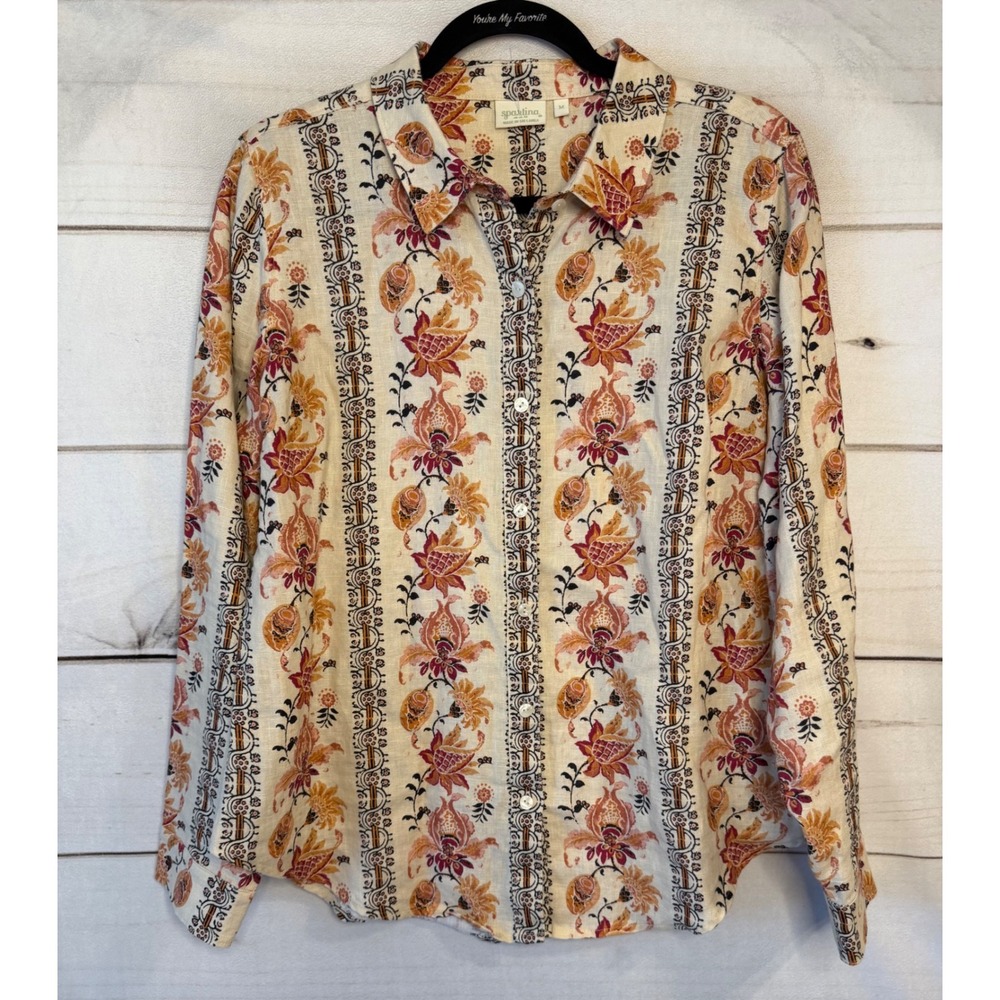 Spartina 449 Womens Linen Floral Button Down Shirt Orange Boho Stripe Size M
